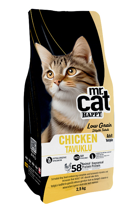 Mr. Cat Happy Low Grain Tavuklu Kedi Maması - 58% Hayvansal Protein, Hipoalerjenik | Yetişkin 2.5 KG