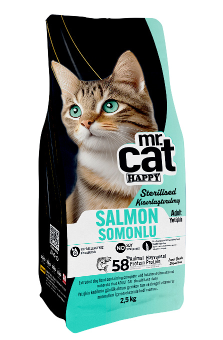 Mr. Cat Happy Sterilised Kısırlaştırılmış Somonlu Kedi Maması 2.5 KG – %58 Hayvansal Protein, Hipoalerjenik