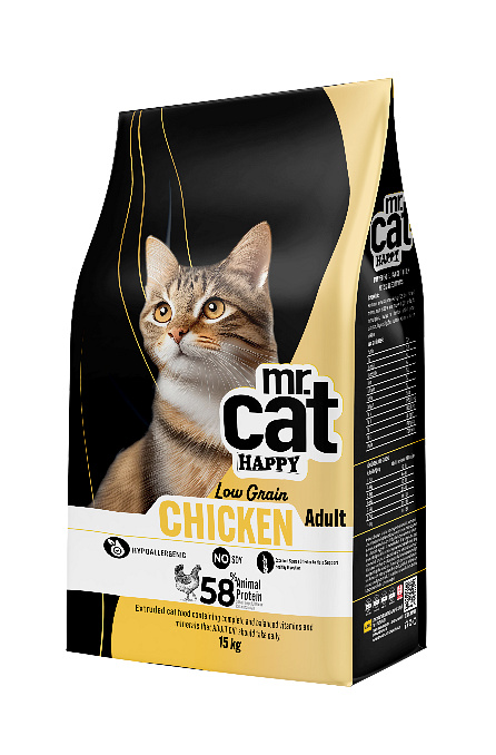 Mr. Cat Happy Low Grain Tavuklu Kedi Maması - 58% Hayvansal Protein, Hipoalerjenik | Yetişkin 15 KG