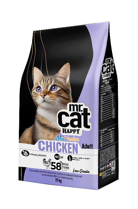 Mr. Cat Happy Tavuklu Kedi Maması - Multicolor, %58 Hayvansal Protein, Hipoalerjenik | Yetişkin 15 KG